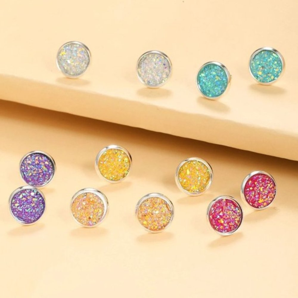 Set of 6 Acrylic Druzy  Style Stud Earrings